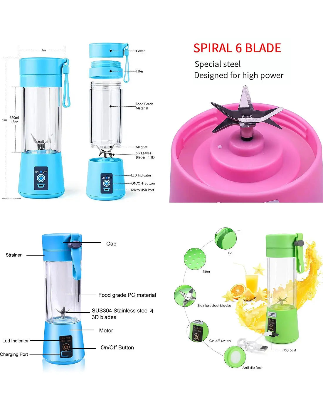 Portable Mini 6 Blade Juicer Blender | Outdoor Juicing Cup | Rechargeable juicer Machine